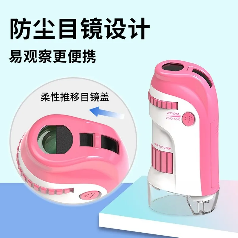 Kids Mini Handheld Microscope, 55X HD Portable Magnifying Lens, Eye Protection Educational Observation Tool
