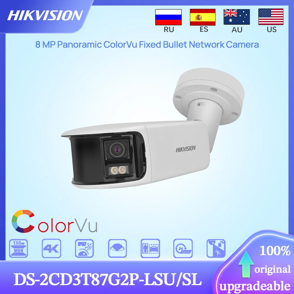 Hikvision Original DS-2CD3T87G2P-LSU/SL 8MP panorámica ColorVu fijo doble lente bala POE cámara de red luz estroboscópica alarma de Audio