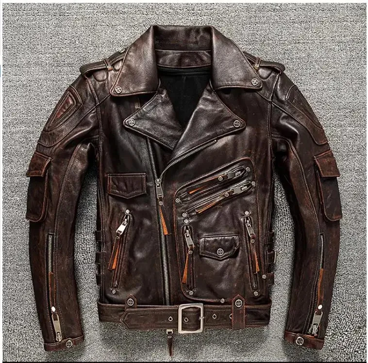 Free shipping.Men Professional heavy motorcycle cowhide jacket.Plus size Tough Guy Natural Leather coat.thick jacket.protectors