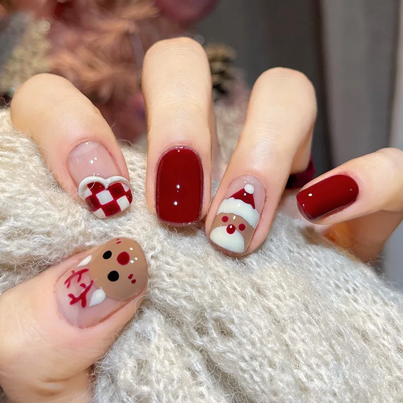 24Pcs/Set Christmas Collection Wearing False Nails Art Elk Santa Claus Snowman Press on Nail Tips Kawaii Acrylic Stick on Nails