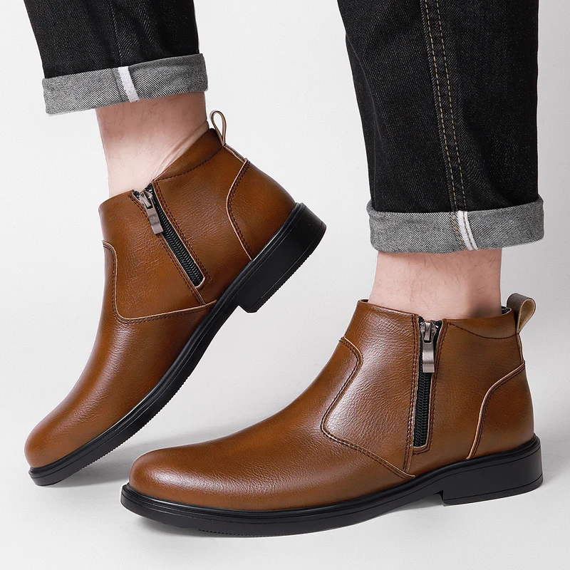 

Men's Chelsea Ankle Boots Leather with Double Side Zippers "Plush" and "No Plush" Two Options