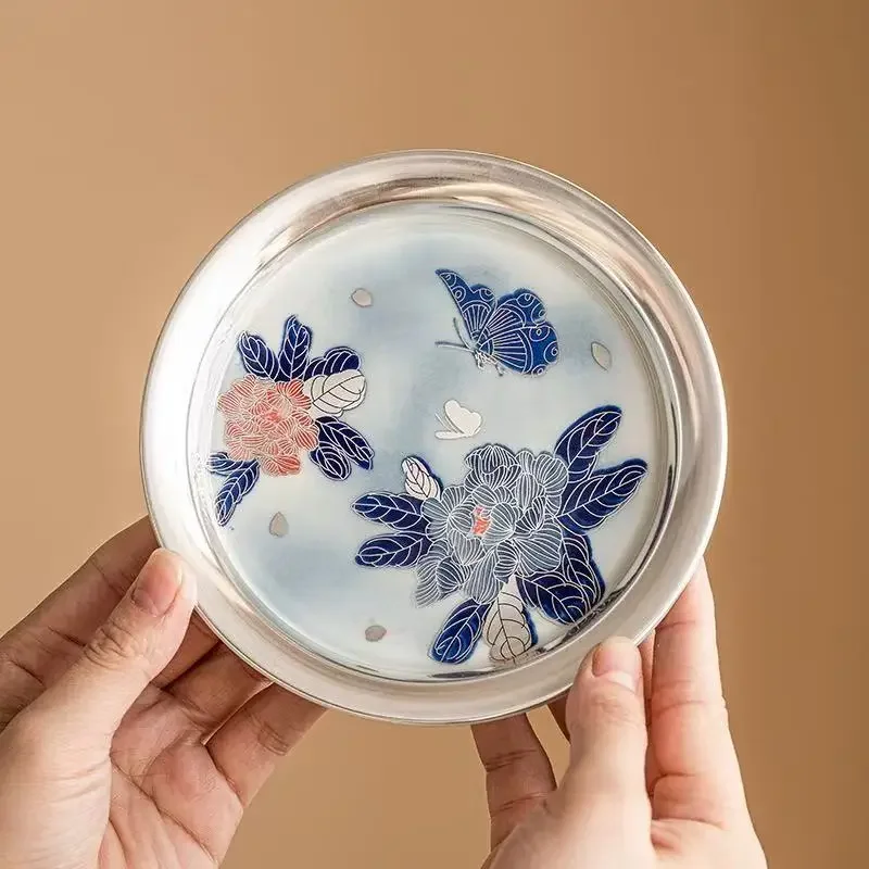 1PC Hand Painted 999 Silver Peony Pot Bearing Dry Bubble Table Household Refreshment Plate Chinese Teapot Mat Cover Bowl Holder