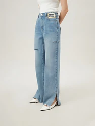 FSLE Women Ripped Straight Jean 2024 Summer Light Blue Full Length Jeans 100% Cotton Long Pants Foot Slit Trousers 24FS12477