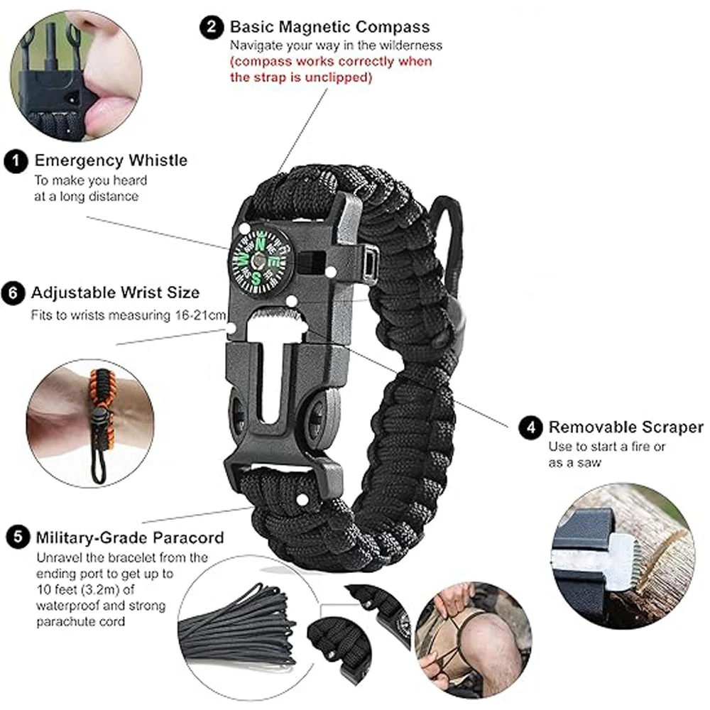 Emergency Rescue Bracelet Paracord Multi-function Camping Rescue Emergency Rope Bangles Compass Whistle 3 in 1