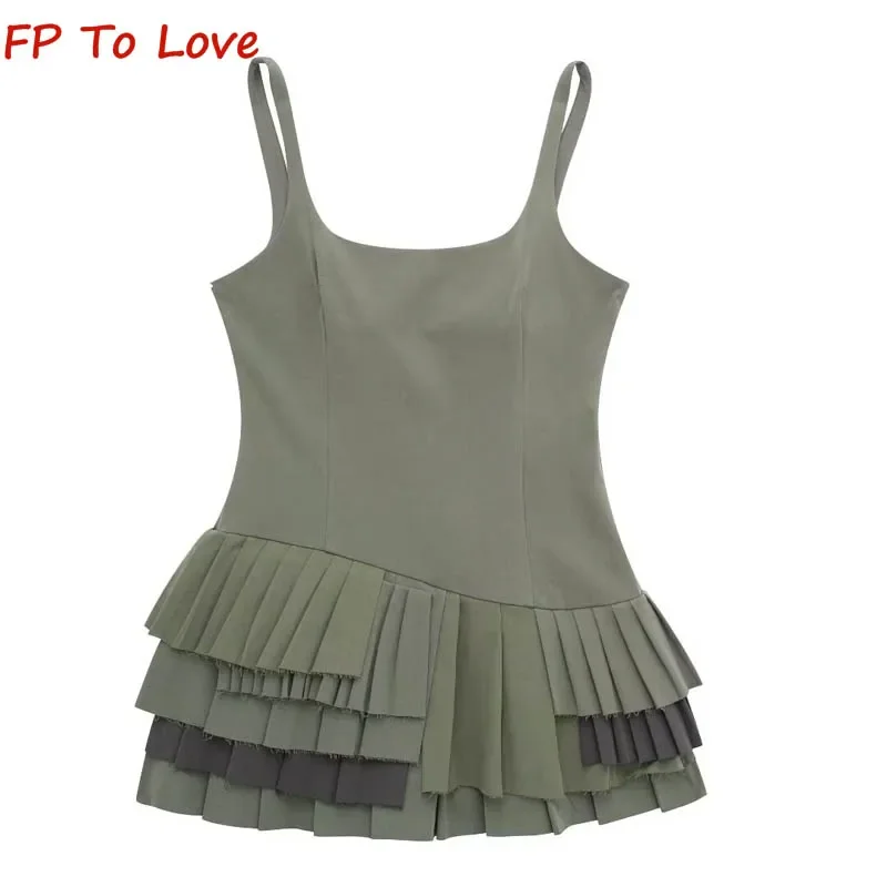 

Army Green Casual Vintage Slim Halter Dress PB&ZA Woman Spice Girls Work Style Pleated Ruffle Mini Dress 3067311 505