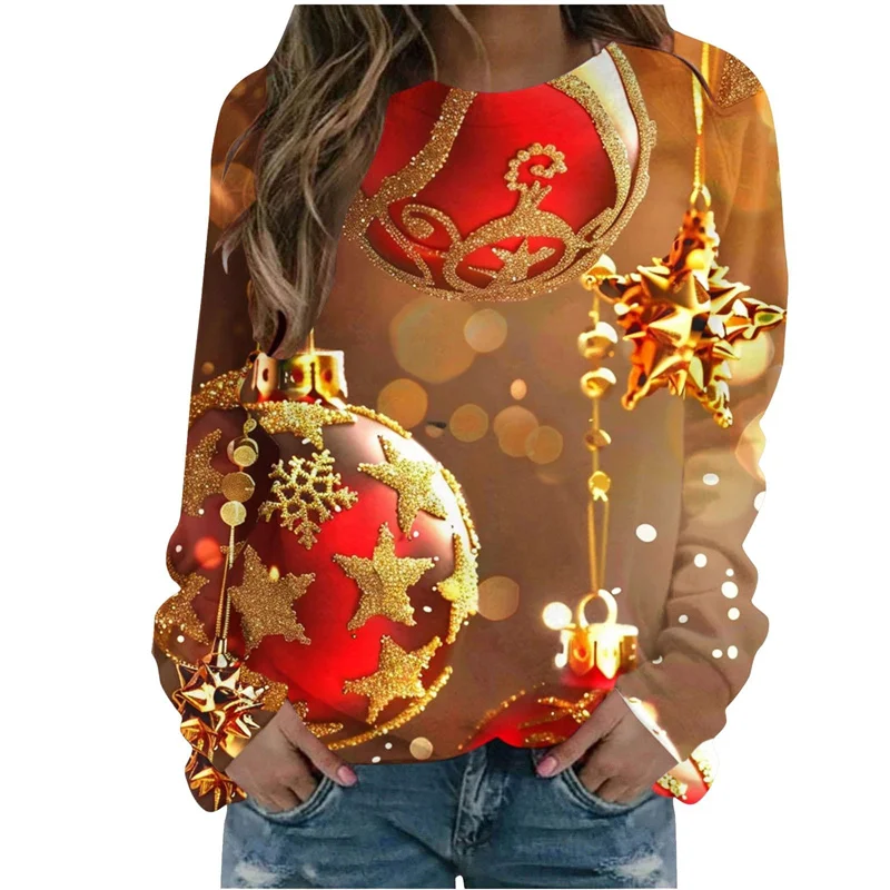 3D Printing Funny Christmas Trees Ornaments Sweatshirts Reindeer Xmas Graphic Ugly Christmas Sweatshirts Mens Round Neck Hoodies