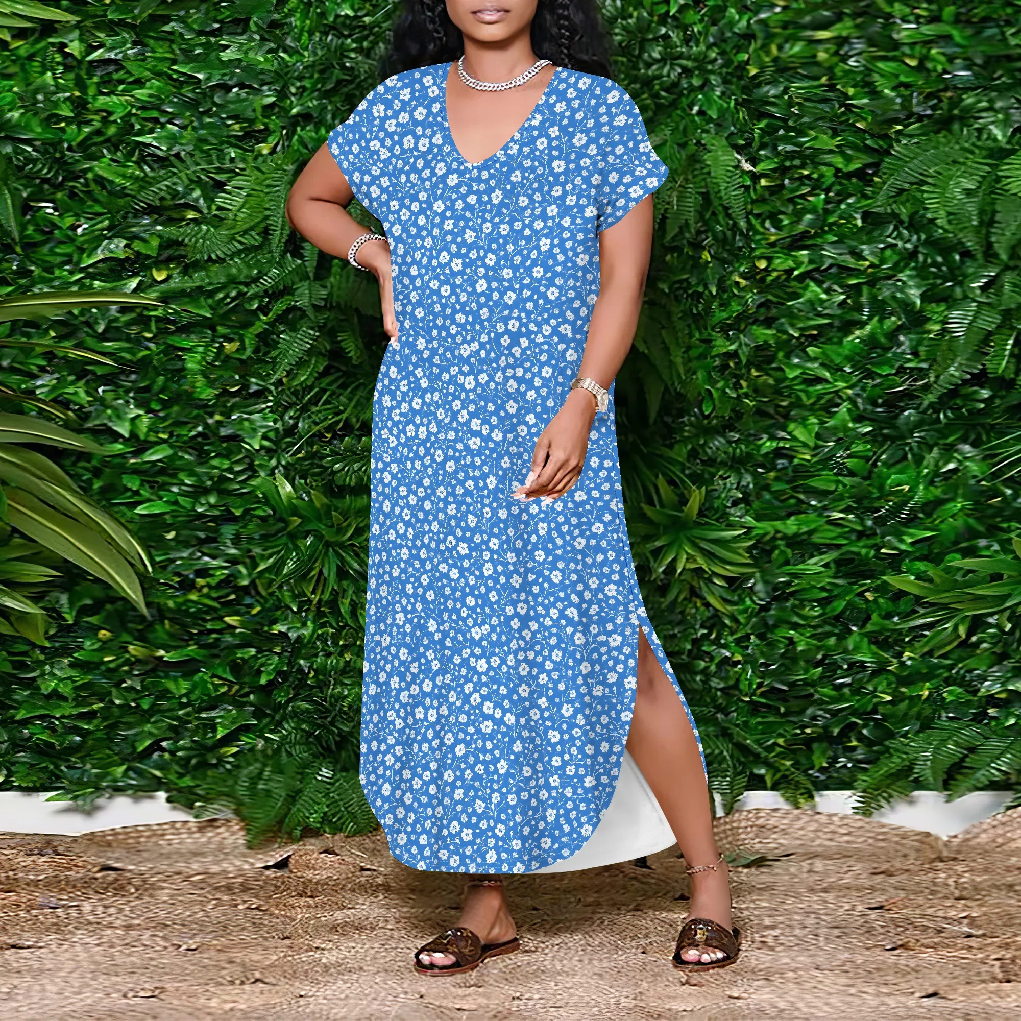 ผู้หญิงฤดูร้อนลําลองแขนสั้น V คอ TShirt ชุดยาวหลวมด้านข้างแยก Beach Maxi Dresses พร้อมกระเป๋า