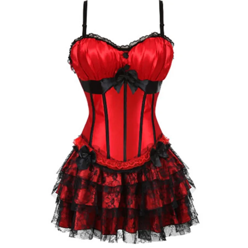 

Women Sexy Burlesque Overbust Corset Bustier Top With Lace Mini Short Skirt Fancy Dresses Costume Sexy Gothic Corsets Dress