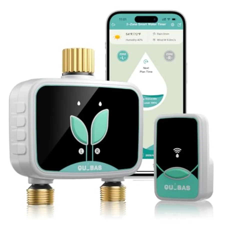 

QUOBAS Smart WiFi Water Timer for Garden Hose 2 Zone Brass Sprinkler Timer with App Control Rain Delay/Auto/Manual 3 Modes for