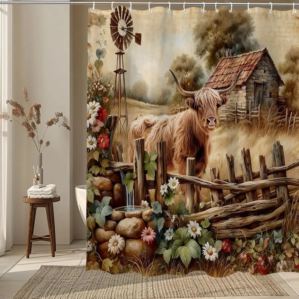 Rustic Highland Cow Windmill Shower Curtain, Farmhouse Western Cattle Waterproof Fabric Curtain