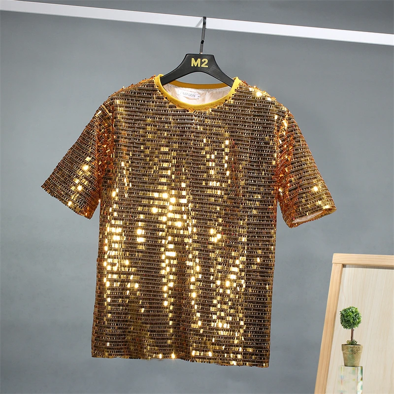 Reflective Sequins Hip Hop T Shirts For Men Half Sleeve Premium Smooth Comfortable Loose Fit Nightclub Silky Camisetas De Hombre