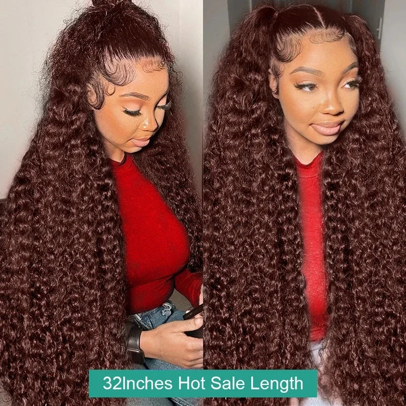 Perruque Lace Front Wig naturelle bouclée, cheveux humains, Deep Wave, roux, brun, 13x6, 13x4 HD, pre-plucked, 30-34 pouces, pour femmes