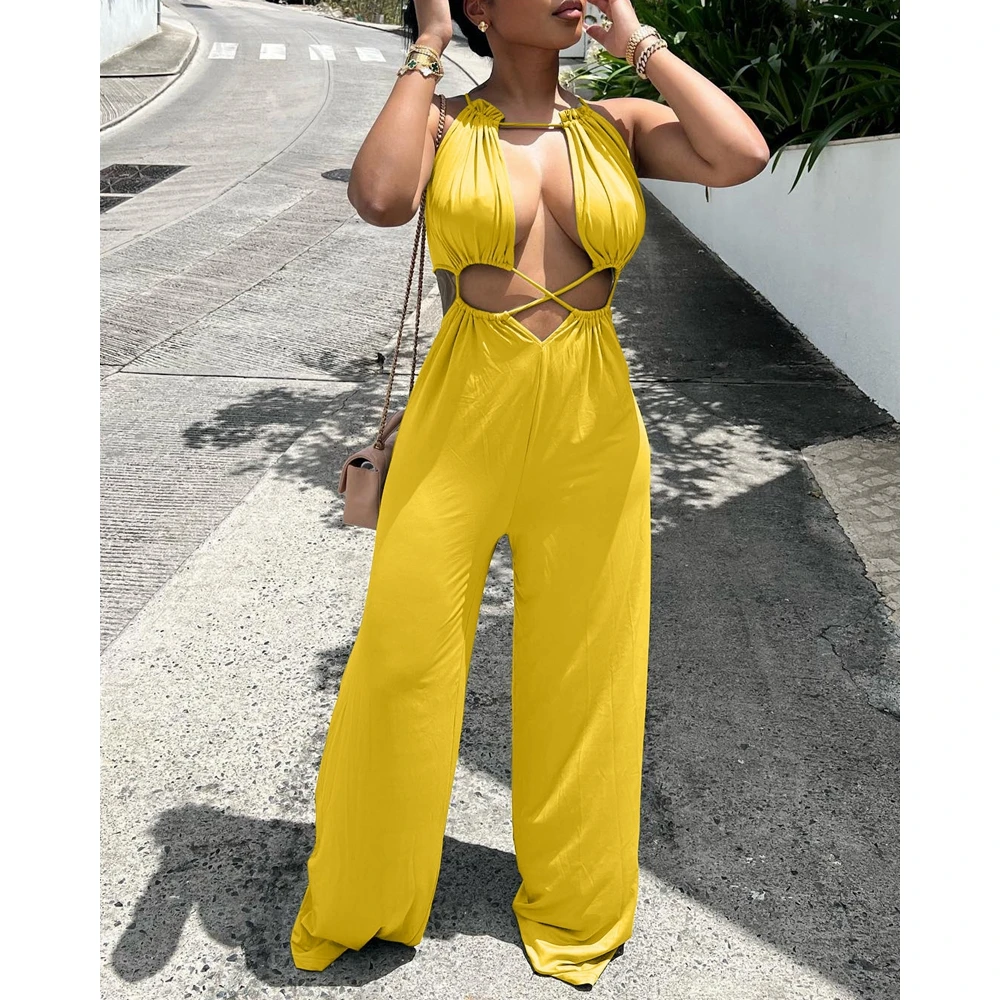 

Summer New Style Women Lace-up Cutout Wide Leg Sleeveless Jumpsuits Sexy Lady Asymmetrical Neck One-Piece Jumpsuit Streetwear