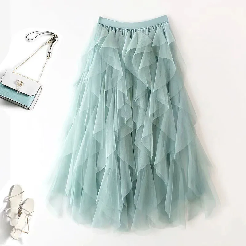 Jupe longue en maille plissée taille haute pour femmes, couleur unie, à volants irréguliers, robe de bal, en Tulle, douce et adorable, Tutu, jupe trapèze
