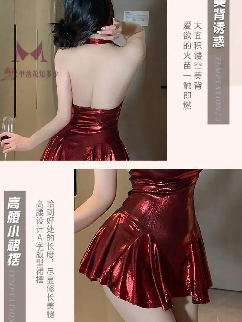 Vestido elegante para mujer, uniforme, bata de batalla, Tops sexys a la moda, camisón Sexy, rojo vino, dorado brillante, cuello de pila para club nocturno coreano EV34