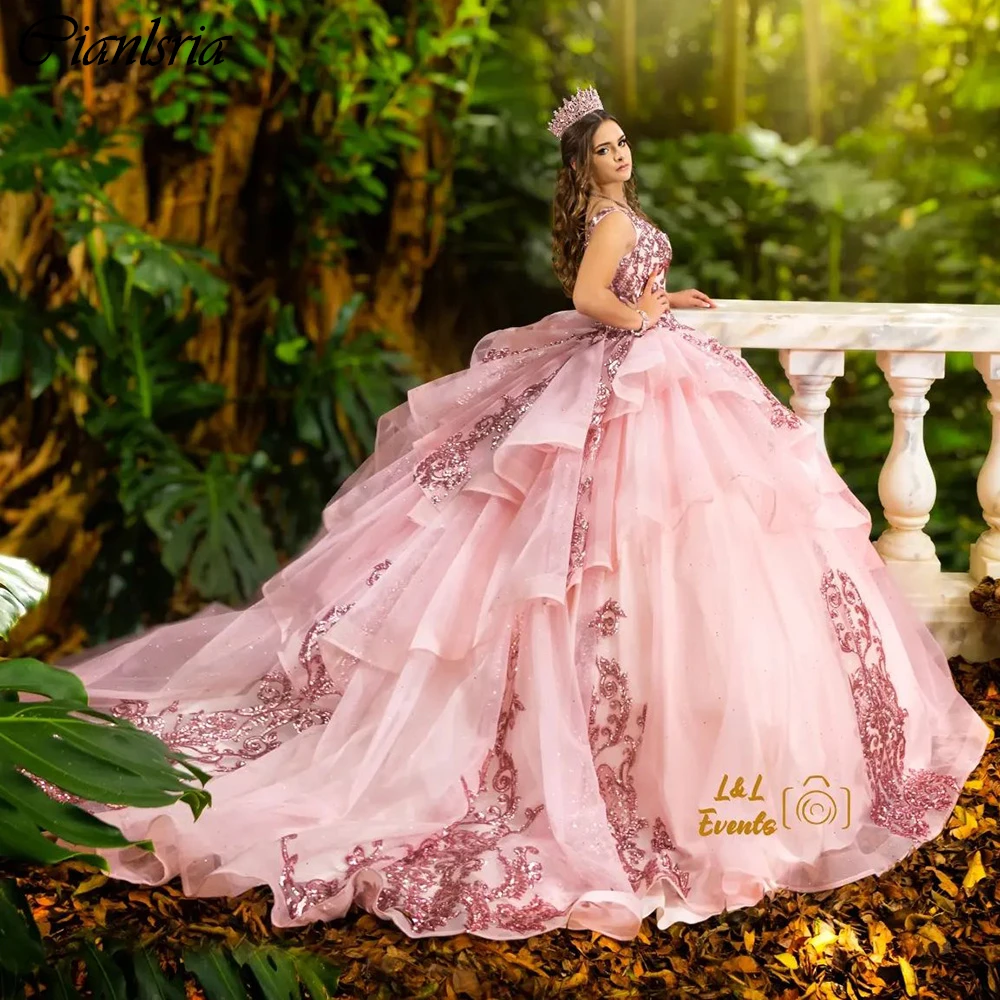 Vestido De baile rosa con hombros descubiertos para quinceañera, vestido De quinceañera con apliques De lentejuelas, corsé con volantes De encaje, 15 Años