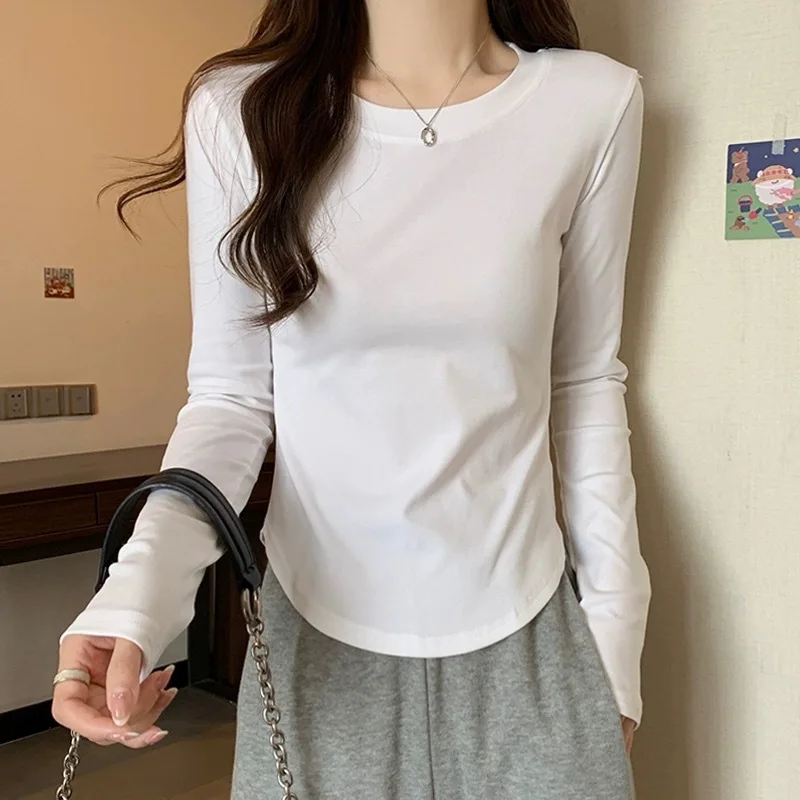 

Womens Long Sleeve Cotton Tshirt Irregular Hem Slim Fit Casual Top