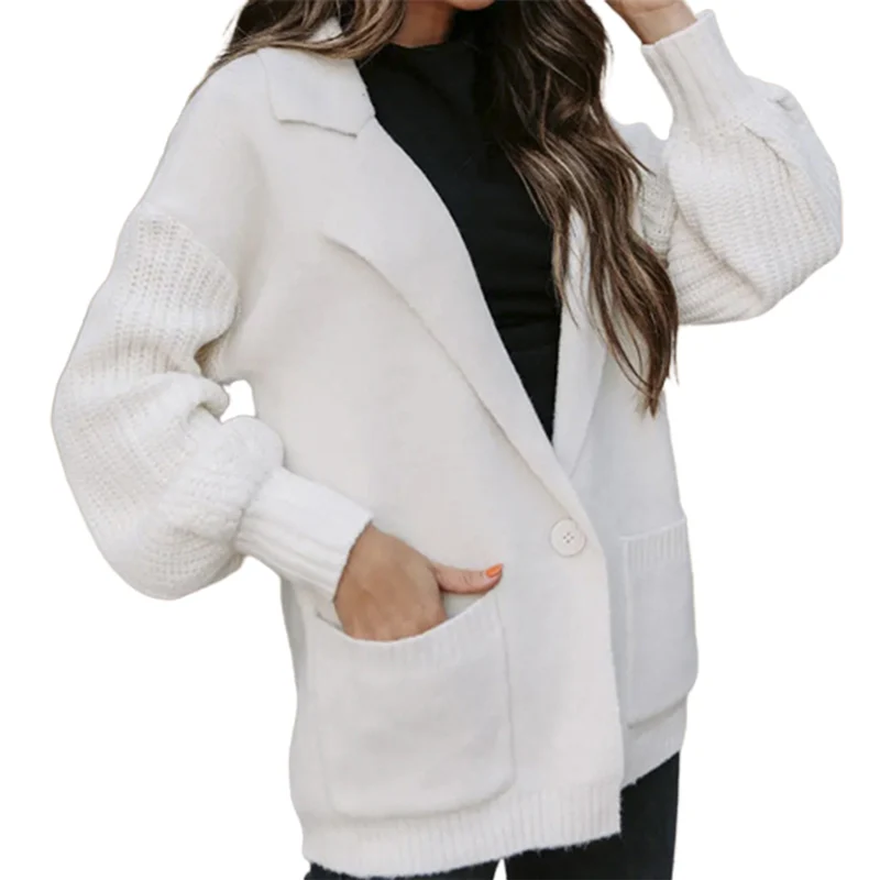 Fashion Blazer Neck One Button Splice Solid Color Sweater Autumn Women Two Pocket Jumpers Long Sleeve Knitted Outerwear Knitwear