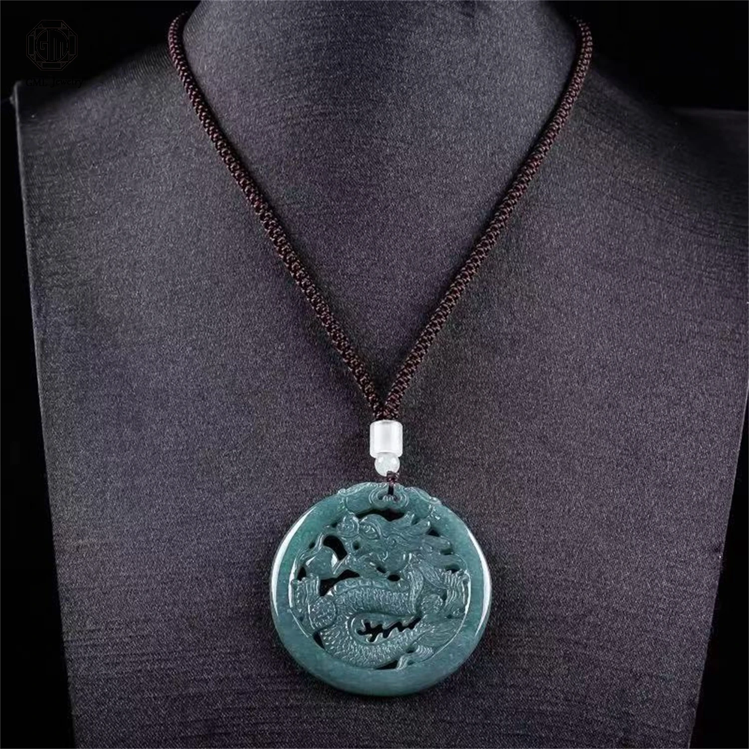 

Unisex Natural Grade a Jadeite Blue Water Ice Dragon Plaque Openwork Carved Pendant Gemstone Necklace Jewelry Gift