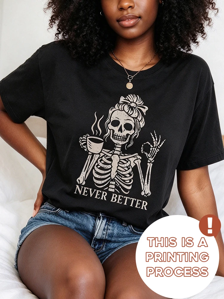 Coffee Skull Letter Round Neck Short Sleeve Fashionable Oversized Women Tshirt Summer Fashion Drawn Printed Casual Short Sleeve Top Pullover Comfortable Plus Size Tee Trendy Outfit