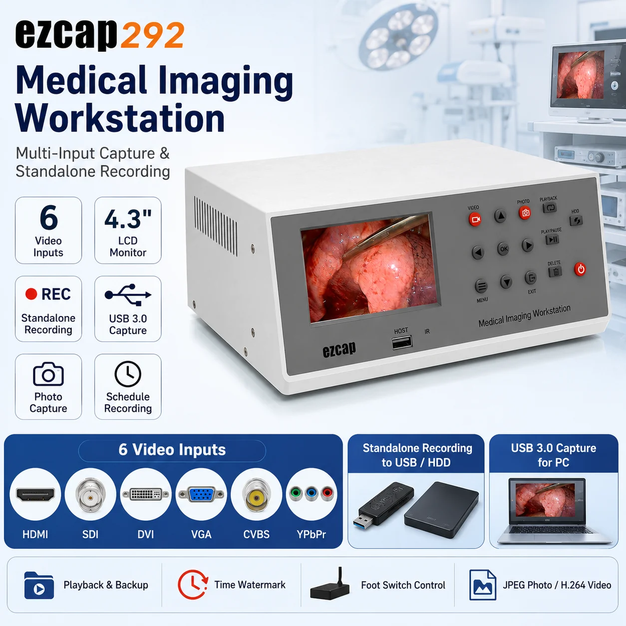 Ezcap292 Medical Imaging Workstation HDMI SDI DVI VGA Capture Recorder 4.3