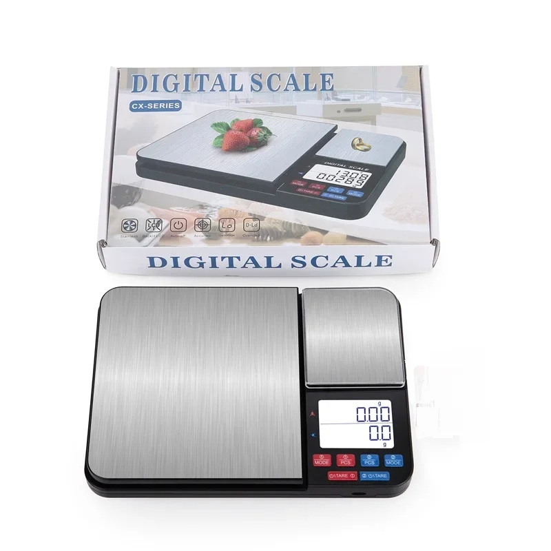 Digitale Küchenwaage mit Doppelplattform, 5 kg x 0,1 g, 500 g x 0,01, präzises LCD-Display, Edelstahl, Kochen, Backen, Lebensmittel, USB-Gewichtswerkzeuge