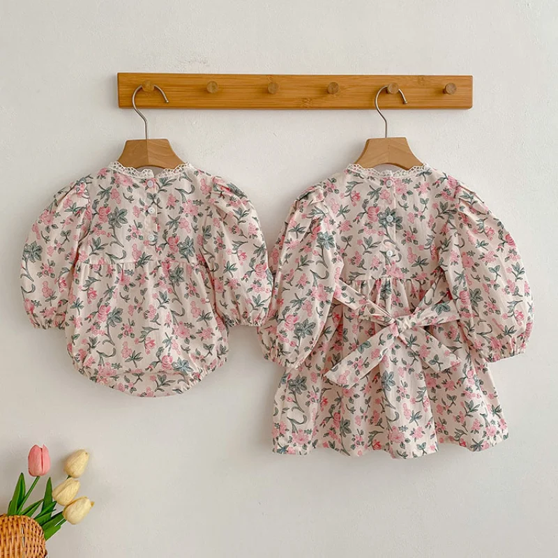 

Clearance Sale Spring and Autumn Sister Matching Outfits Baby Floral Puff Sleeve Romper Girls Lace Collar Princess Dress