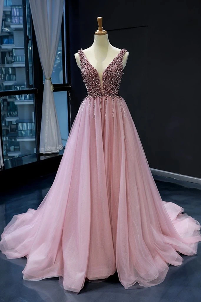 

Angelsbridep Sexy V-neck Robes De Cocktail Prom Dresses Vestidos Tulle Backless Pink Para Mujer Beading Formal Evening Gowns