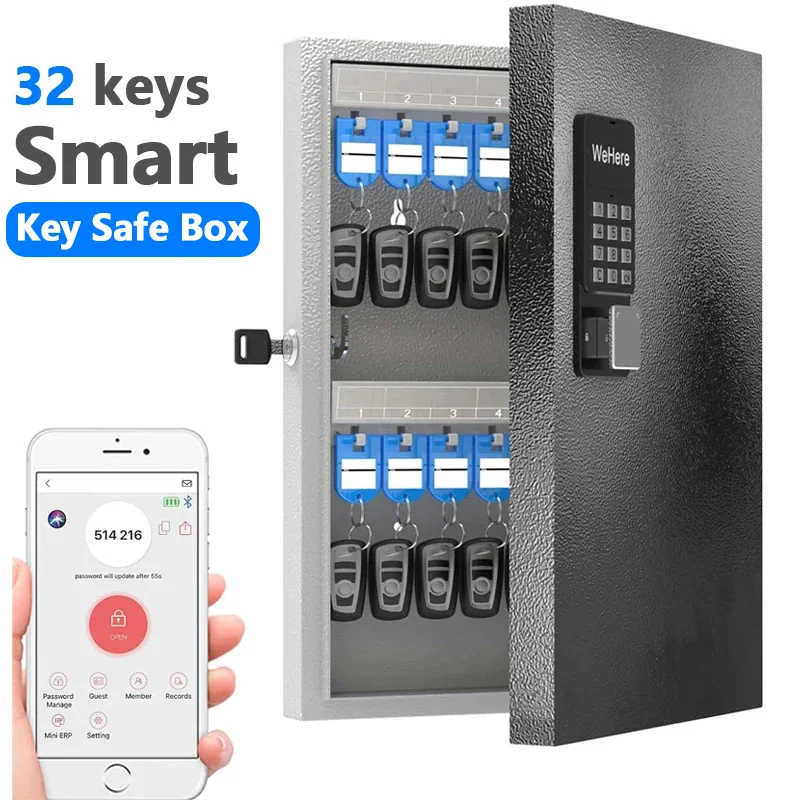 WeHere-parede inteligente armário de armazenamento chave, 32 Key Safe Box, OTP, App, Bluetooth, código fixo de desbloqueio, Key Management