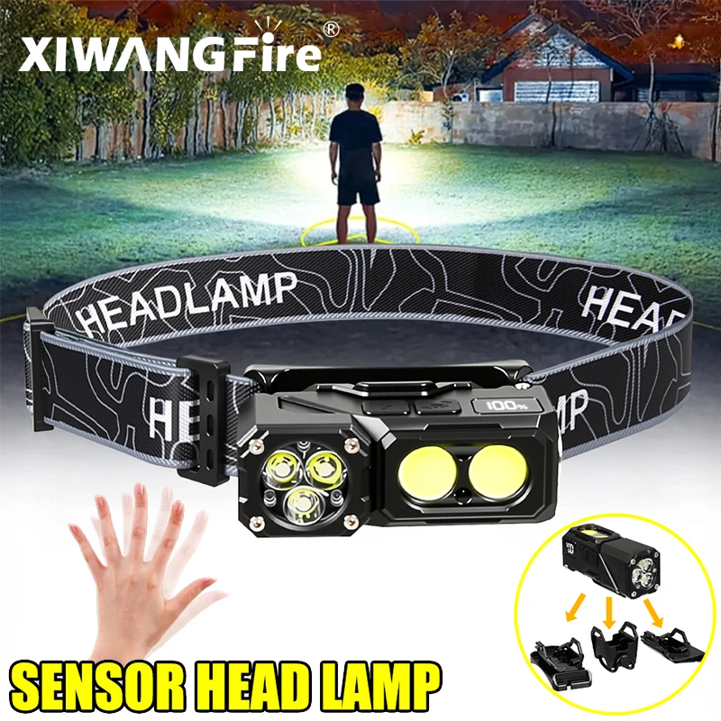 

3-светодиодный супер яркий сенсорный налобный фонарь, мини-перезаряжаемая фара, магнитное крепление, рабочая лампа, мощный вращающийся фонарик