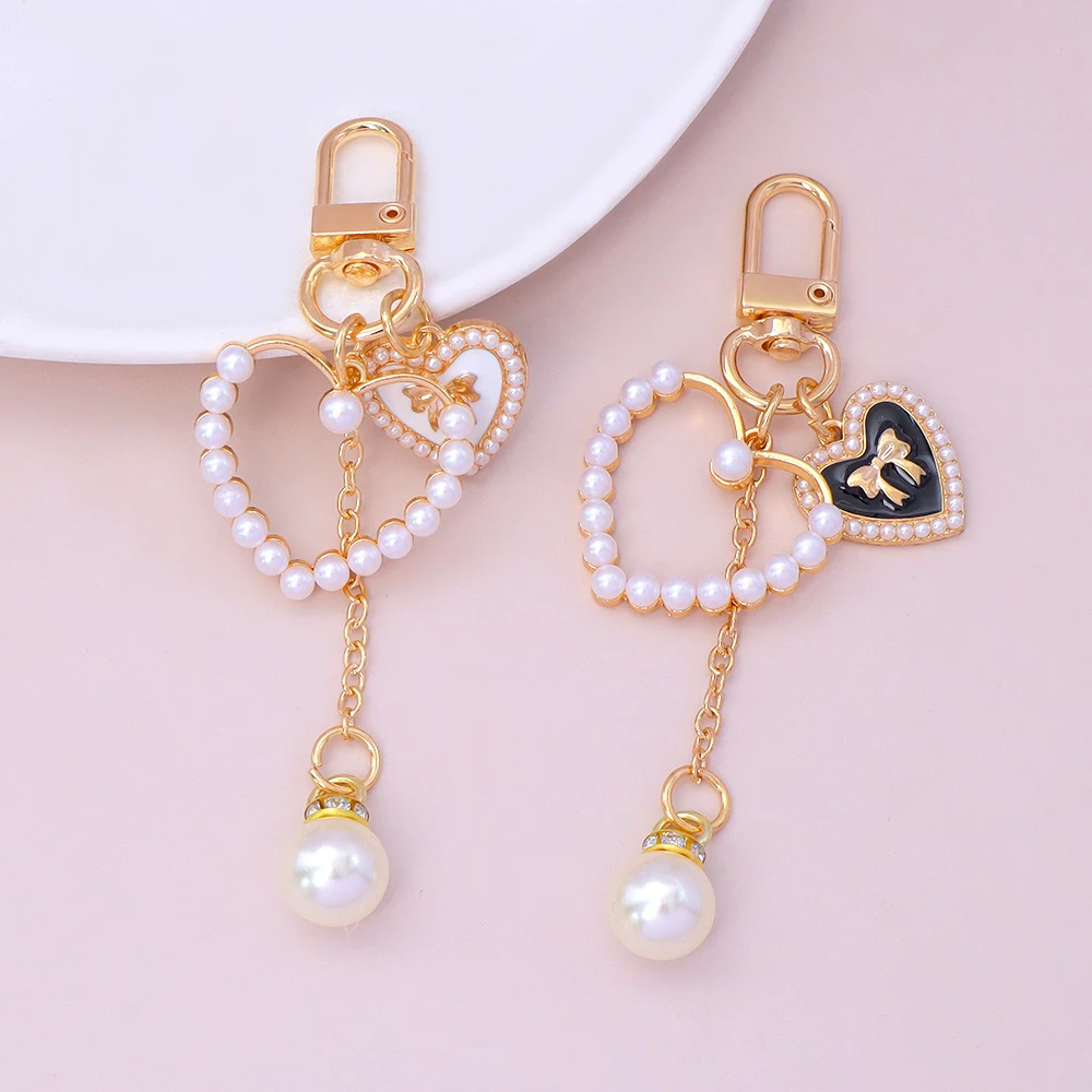 Fashion Bow Key Chain Elegant Heart Pearl Tassel Keyring Handbag Ornament Alloy Pendant Headphone Case Car Trinkets DIY Gift