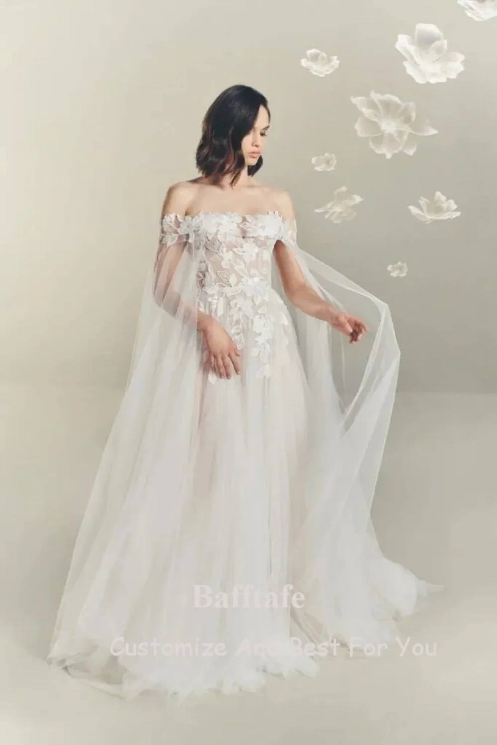 Bafftafe Customized Tulle Appliques Lace Wedding Bride Dresses Sweetheart Open Long Sleeves Boho Bridal Gowns Formal Party Dress