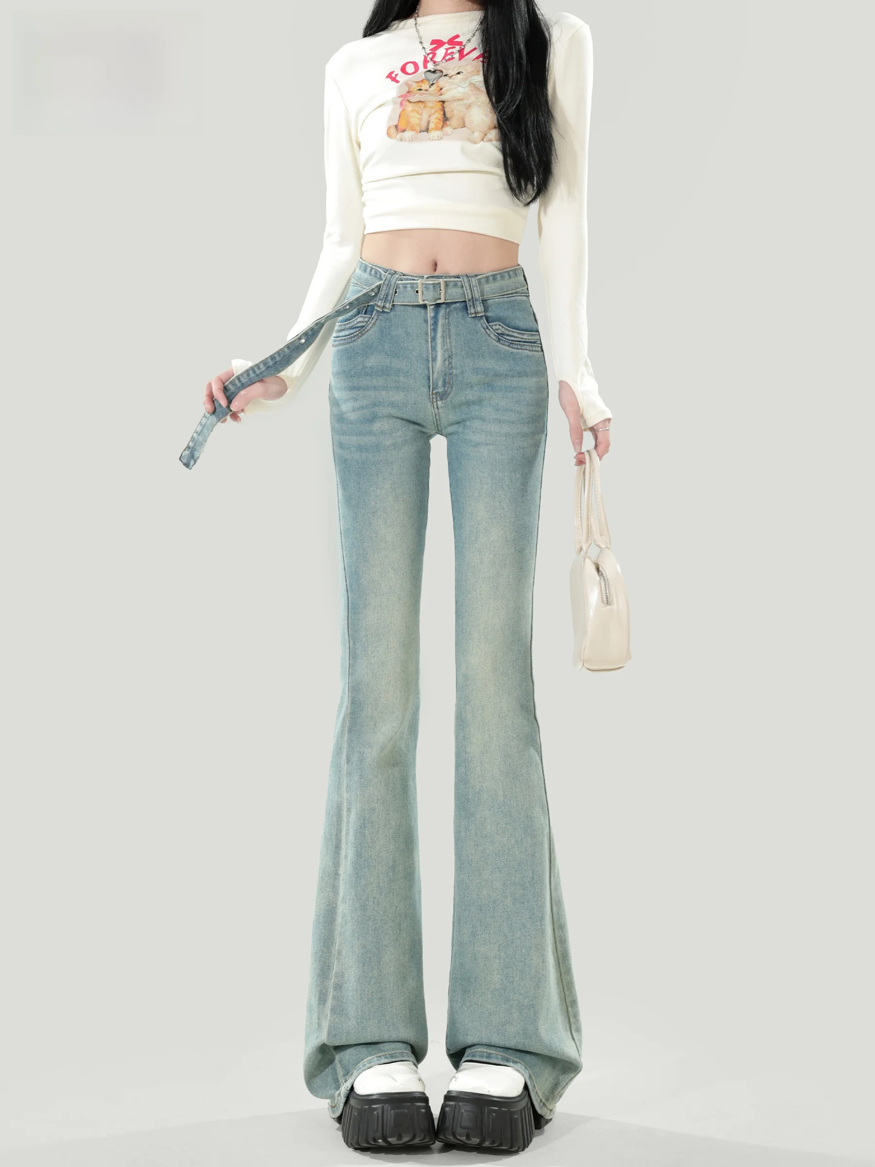 

Light Blue American Low Waist Bell Bottom Jeans Women's Summer New Slimming Design Hoof Bell Pants Wear Resistant
