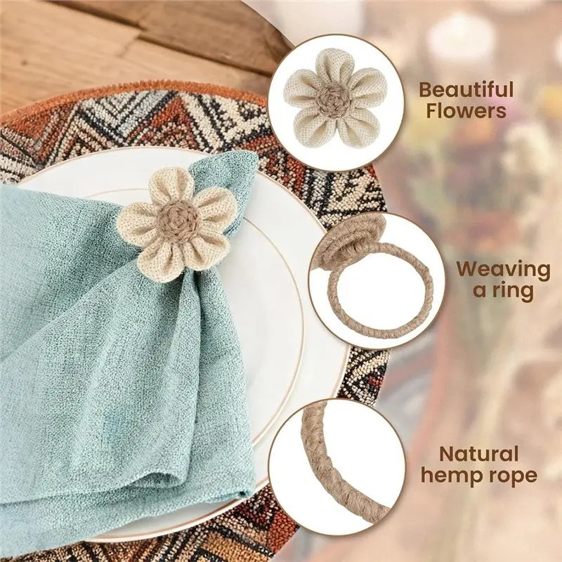 ABKP-Napkin Rings Set Of 6 Handmade Rustic Napkin Rings Reusable Boho Napkin Ring For Elegant Dining Table Decoration Beige