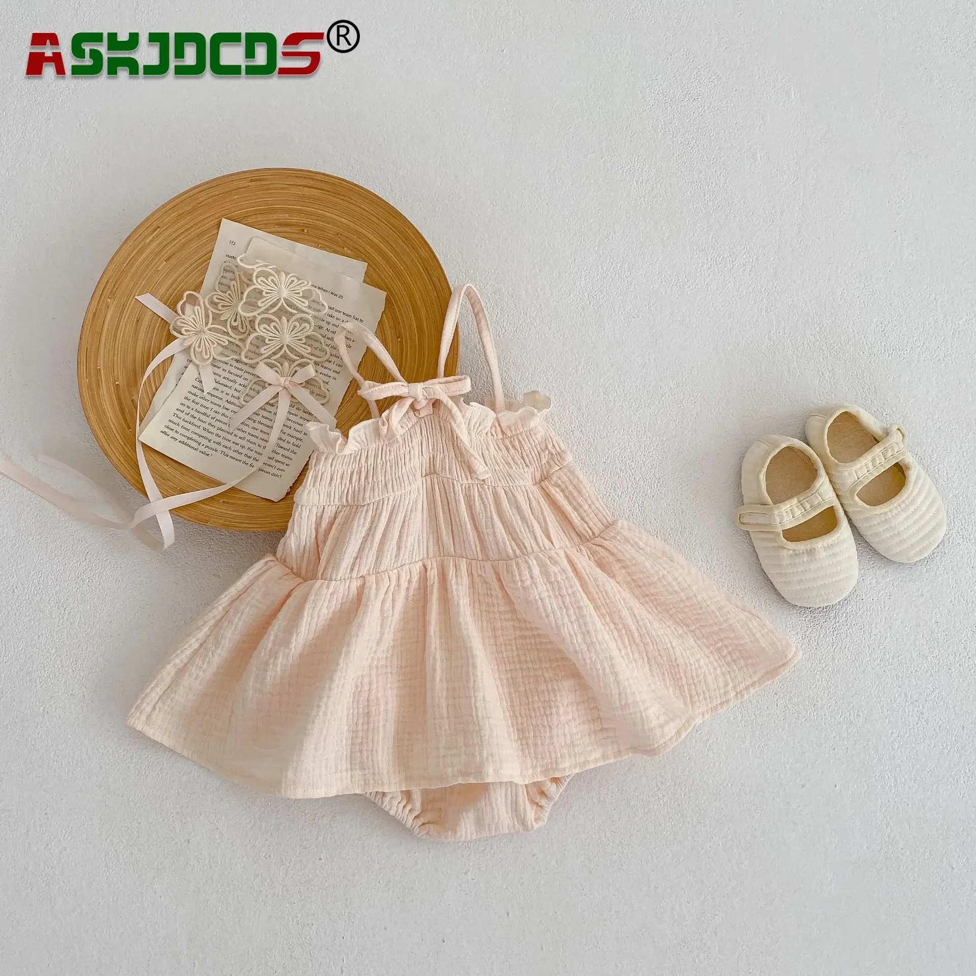 

2024 Summer Infant Baby Girl Sling Ruched Solid Outdoor Clothing Kids Newborn Cotton Dress-bodysuits Toddler Bodysuit Suspender