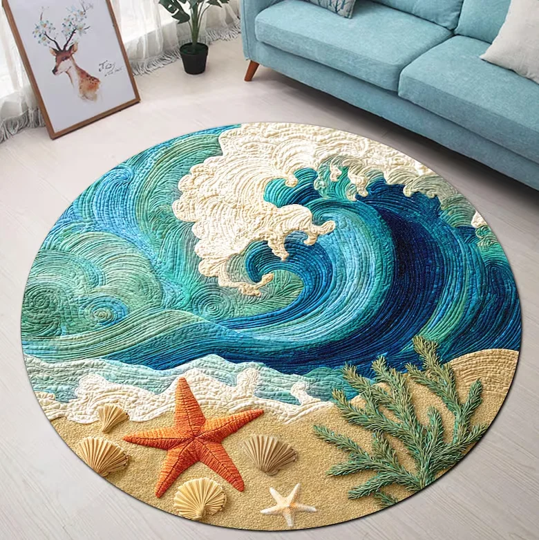 Landscape Rug, Wave Print Rug Neutral Rug Modern Round Rug Circle Rug Living Room Eclectic Rug Medallion Non Slip Rugs