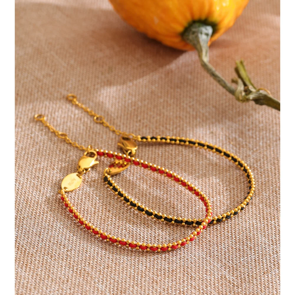 Yhpup Black Red Polyester Thread Handmade Chain Chic Bracelet Bangle 18K Golden PVD Plated Stainless Steel Exquisite Jewelry