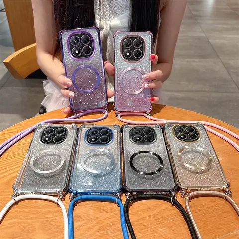 Plating Clear Magnetic Cases For Redmi Note14 14Pro 15C14C 13C 12C A5 13Pro POCO M7 F7 X7 X6 Crossbody Lanyard Necklace Cover