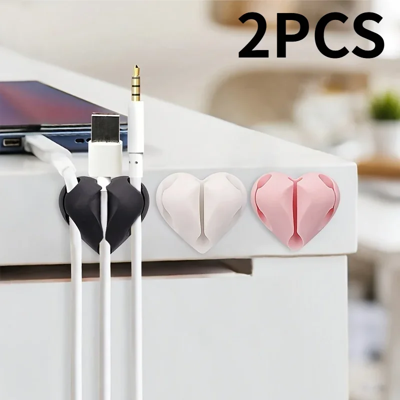 2Pcs 3-Hole Self-Adhesive Cable Keeper, Heart-Shaped Phone Charging Line Holder for Nightstand and Desktop
