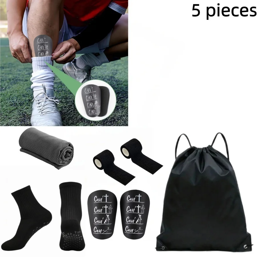 Men Youth Football Protective 5Pcs Set Mini Shin Guards Non‑Slip Socks Cooling Towel Tape Drawstring Bag Soccer Training Gear