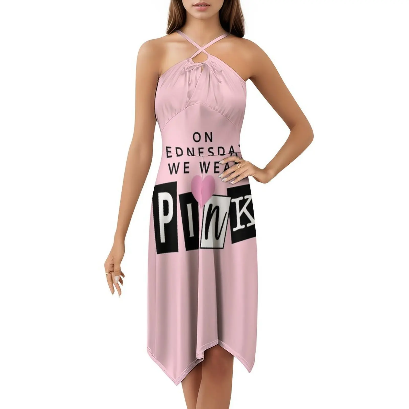 في الأربعاء نرتدي فستانًا بوهيمي وردي بدون أكمام متعدد الطباعات لحفلات عطلة الشاطئ فستان Meangirls يعني Preppy جميلًا #5