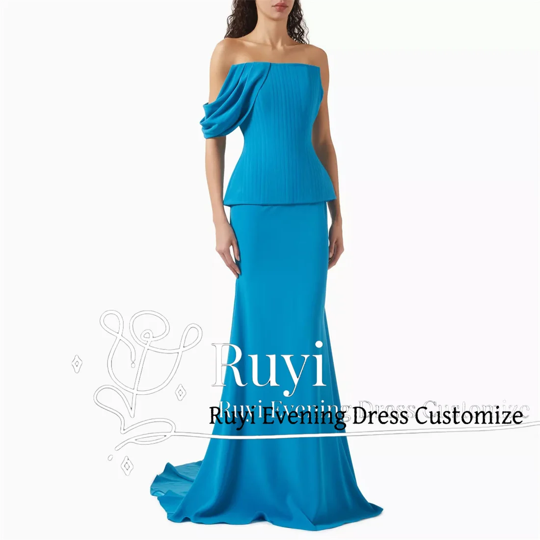 

Customized One-shoulder Lake Blue Ruched Mermaid Prom Dresses Sweep Train Party Dresses Saudi Simple Elegant Evening Dresses