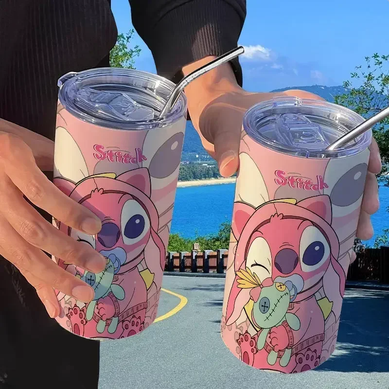 Disney Lilo & Stitch อะนิเมะตัวเลข THERMOS ถ้วยฟางถ้วยกาแฟดูดีส่วนบุคคล Creative ถ้วยน้ําแบบพกพาเด็กของขวัญ