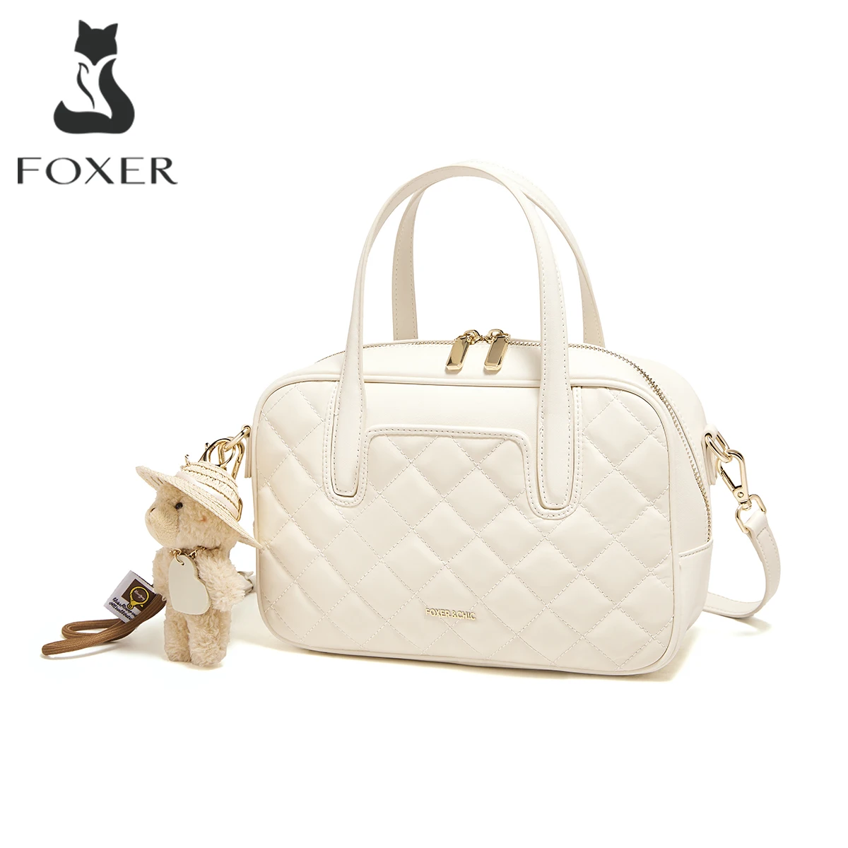 

FOXER Women's Genuine Leather Handbag Luxury Quilted Crossbody Bag Elegant Lady Shoulder Bag with Cute Bear Pendant for Daily