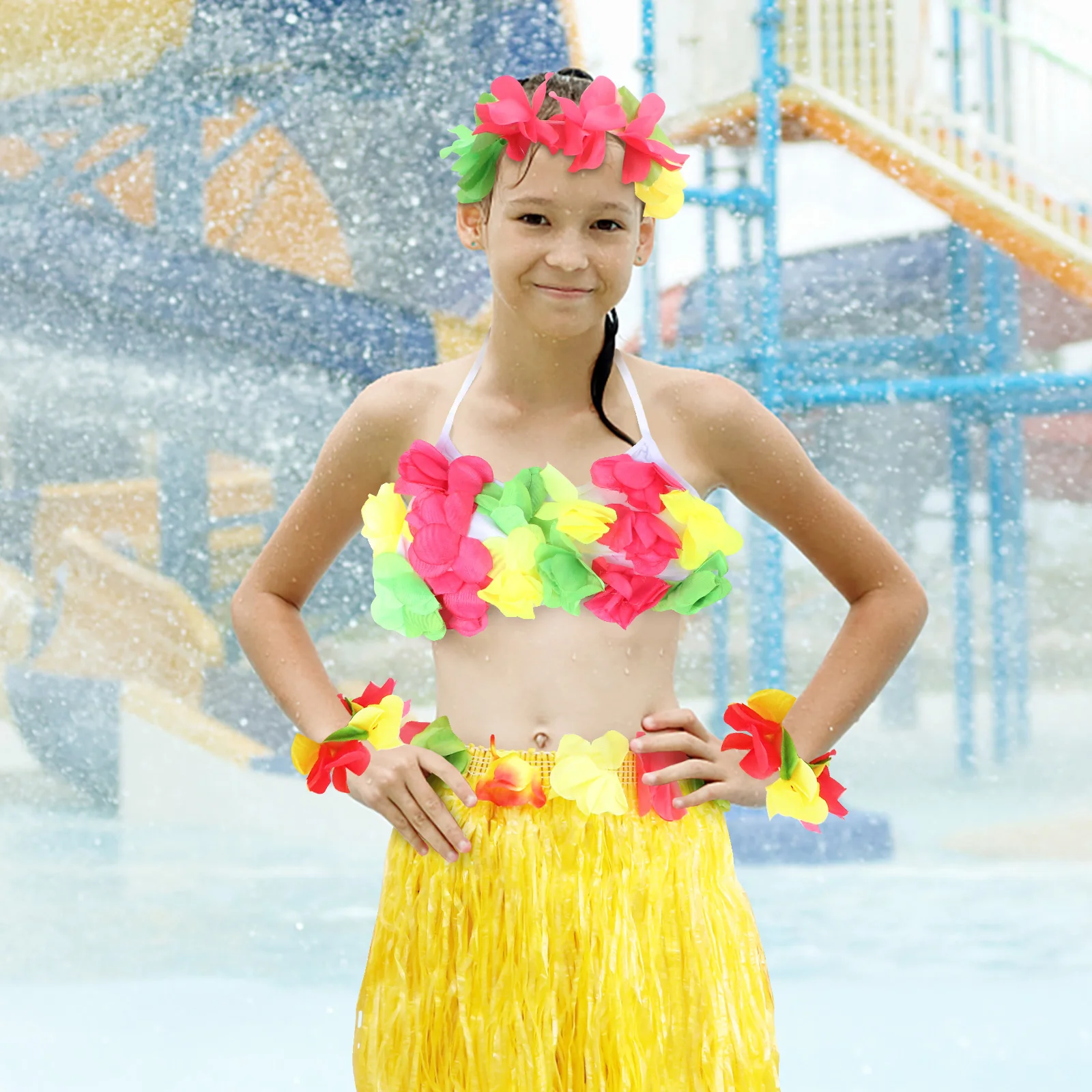 5 Buah Set Penari Tropis Rok Rumput Warna-warni Aksesori Bunga Set Rok Rumput Hawaii Pesta Pernikahan Luau