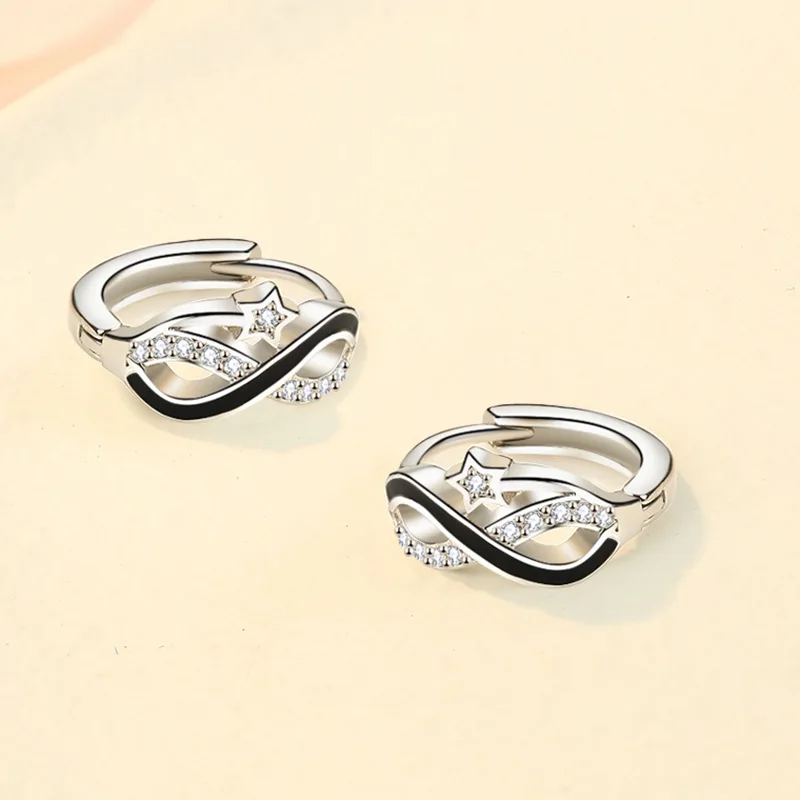 Trendy 925 Sterling Silver Ear Buckle For Women Black Arabic Numerals 8 Earrings Shiny Zircon Star Earring Party Jewelry KOFSAC