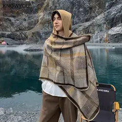 Men Poncho Winter Warm Shawl Thickening Blanket Luxury Scarf Male Cloak Cashmere Blend Pashmina Cape Stole Plaid Wraps