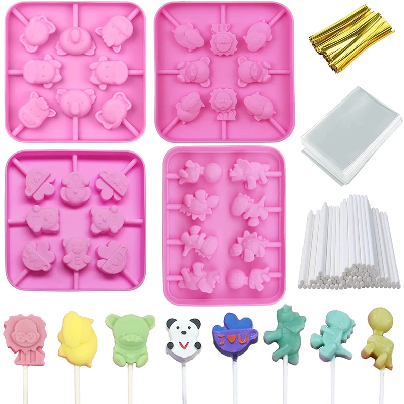 Lollipop Mold DIY Chocolate Hard Candy Cartoon Animal Silicone Mold Dinosaur Pig Elephant Bear with Candy Bag Lollipop Stick