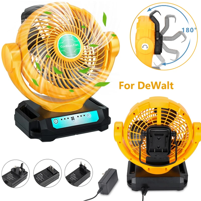 

AC/DC Power Tool Fan For DeWalt 14.4V-20VLi-ion Battery Quiet Brushless Fan Plug-in with 3 Speed For Outdoor Construction Travel