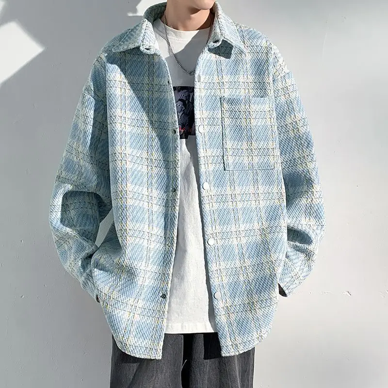 Autumn Winter Men's Plaid Woolen Warm Long Sleeve Shirt Fashion Elegant Lapel Loose Jacket Coat